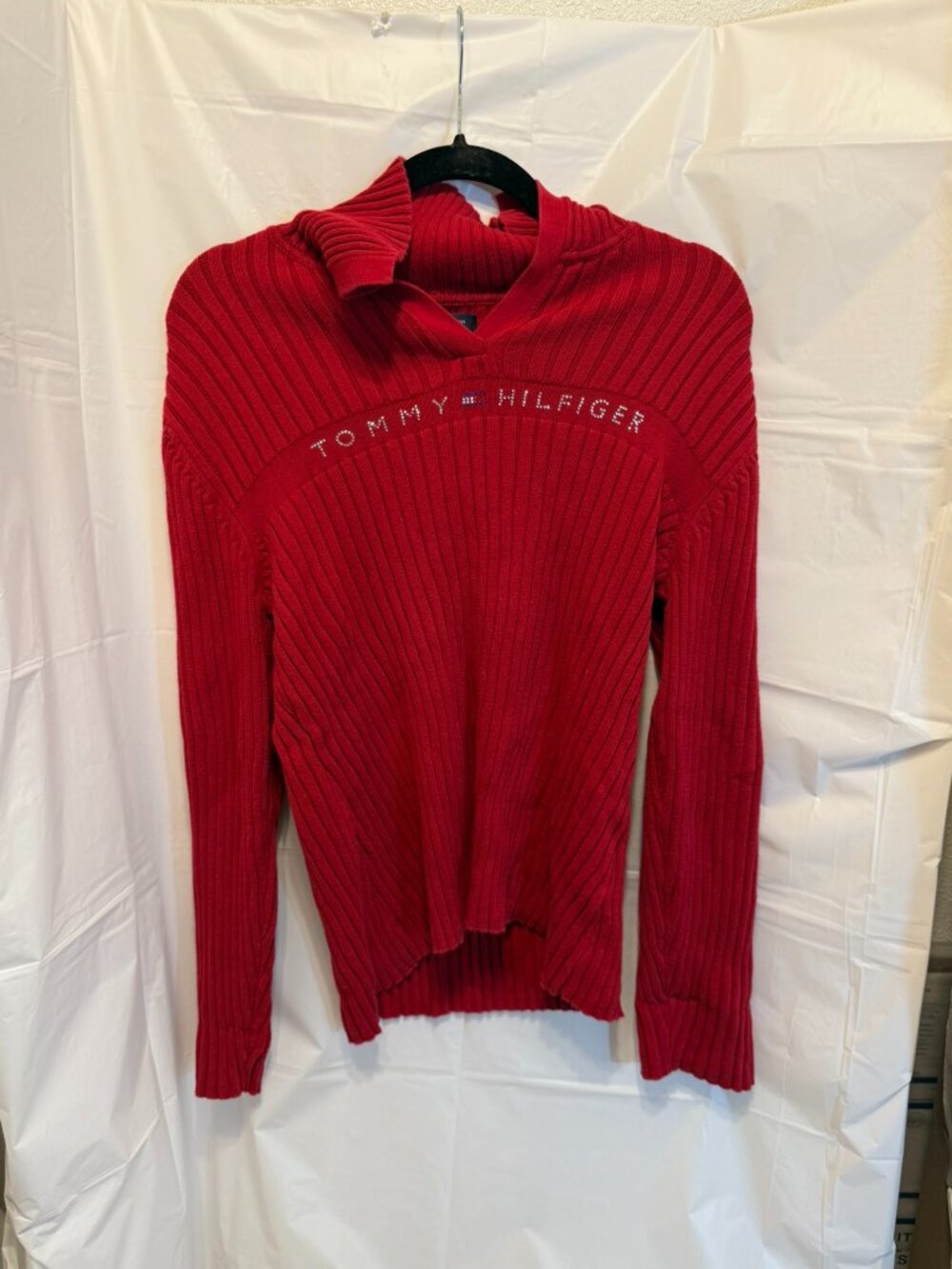 Tommy Hilfiger Red Ribbed Rhinestone Logo Cowl Neck Sweater - Size XL